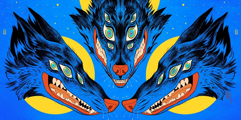 3 psychedelic looking wolves